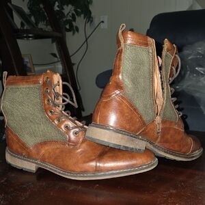 Steve Madden Brown Leather and Green Fabric Men's Boots